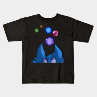 peekaboo cat with bubble planets in space - Blue cartoon funny cat playing peek a boo With colourful bubbles Kids T-Shirt